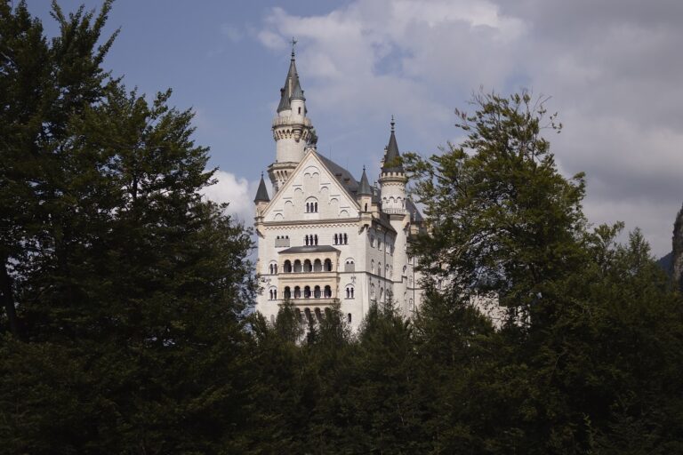 View of Neuschwanstein castle Germany, a white castle between dense trees