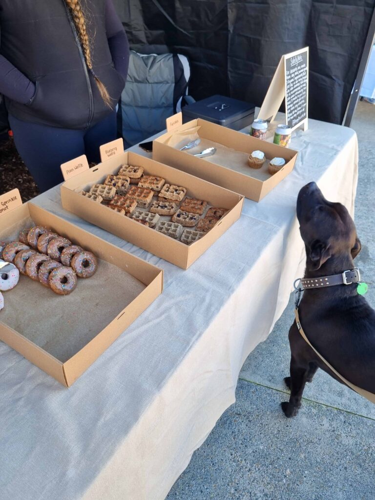 A black dog sniffing a table of treats at an dog-friendly market in Takapuna.