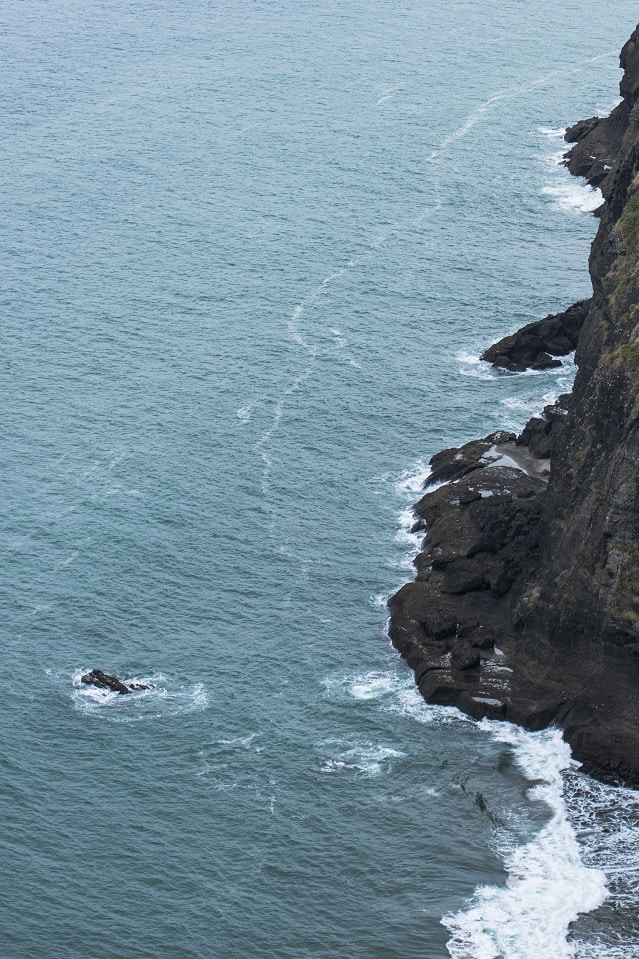 A scenic photo off the cliff at Mercer Bay Loop in Auckland. The image shows  large cliff face that borders the right frame and waves crashing against the bottom of the cliff. The middle and left of the image is the rough water of the Waitemata Harbour.