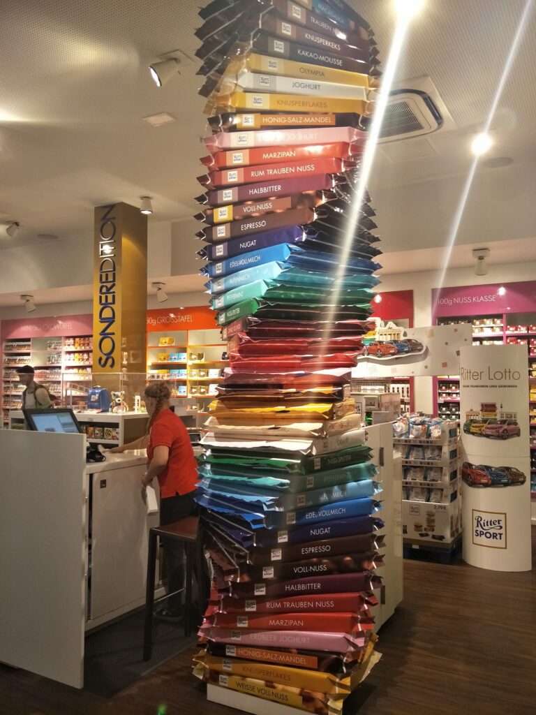 A sculpture of chocolate bars inside the Rittersport chocolate shop in Berlin