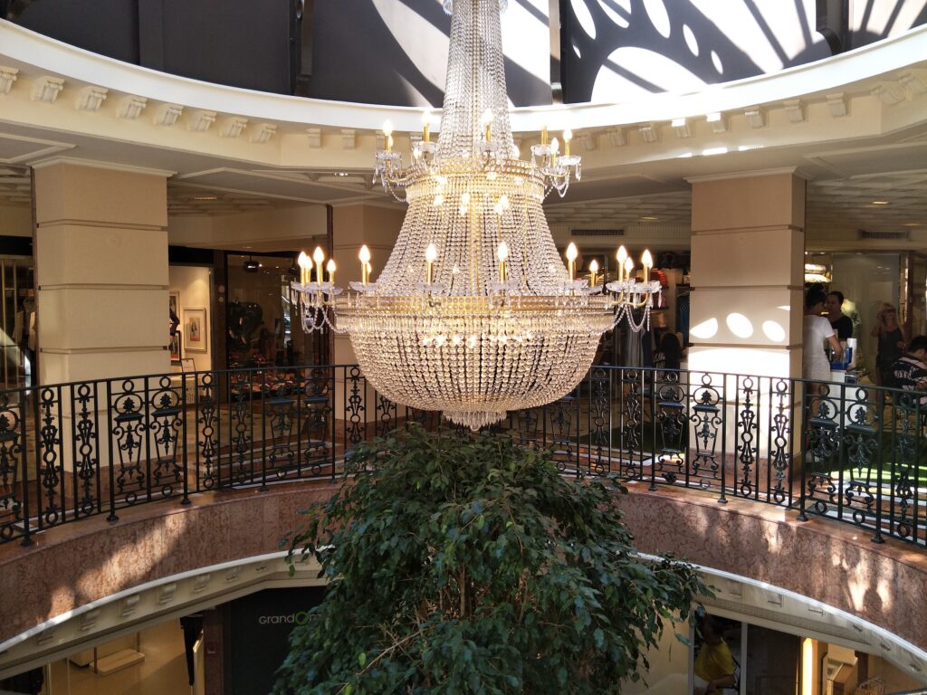 The Best Things to do in Monaco 10 A large chandelier in the centre of Metropole Shopping mal in Monaco