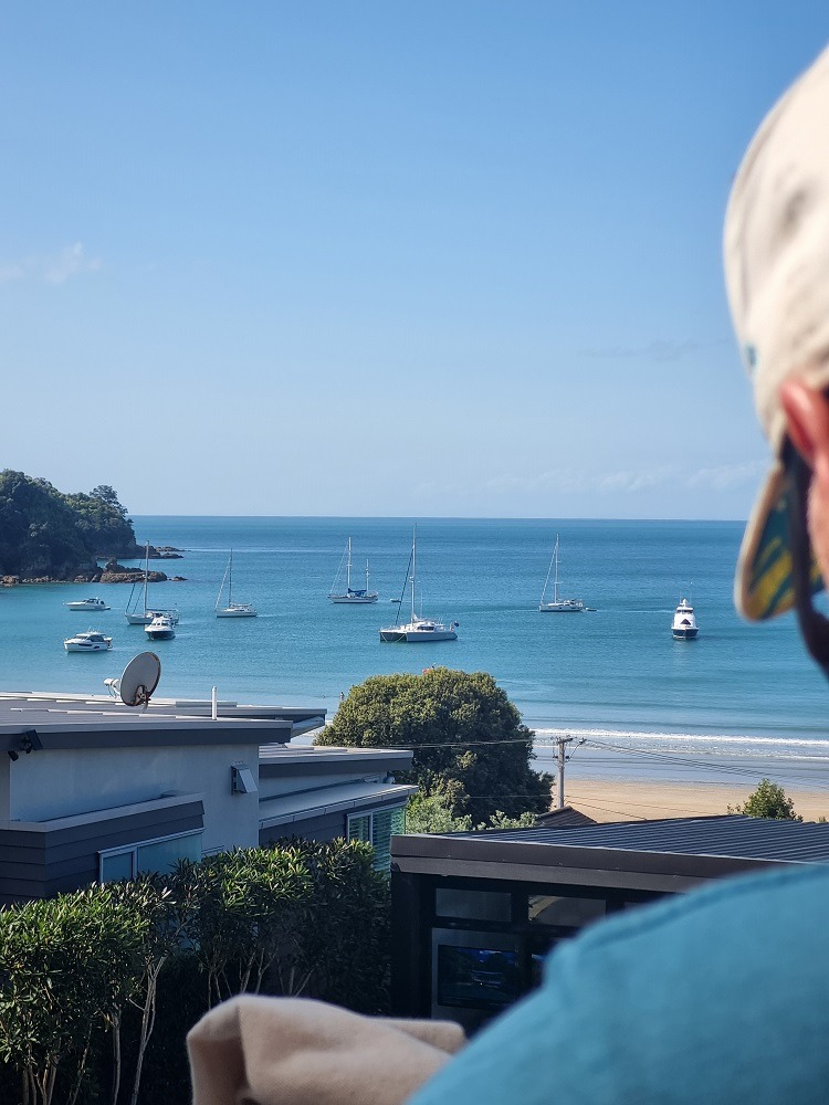 A view over someones shoulder looking out from Waiheke Island to Oneroa Beach. There are several yachts and catamarans in the water.