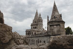 Two large spheres from Fishermans Bastion, which is a fortress in Budapest, Hungary