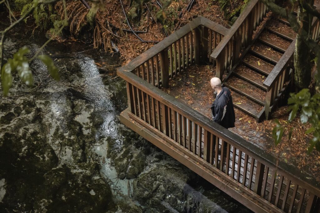 Fun Things to do in Rotorua 2025 9 A male standing on a viewing platform overlooking crystal clear water