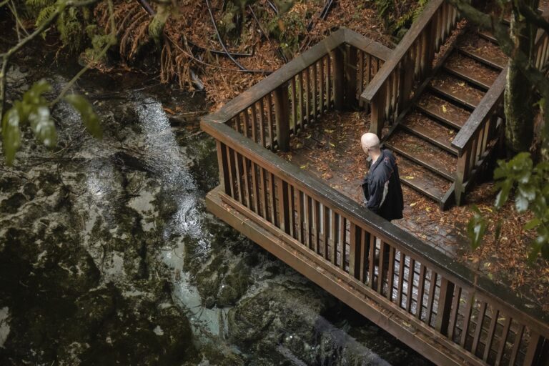 A male standing on a viewing platform overlooking crystal clear water