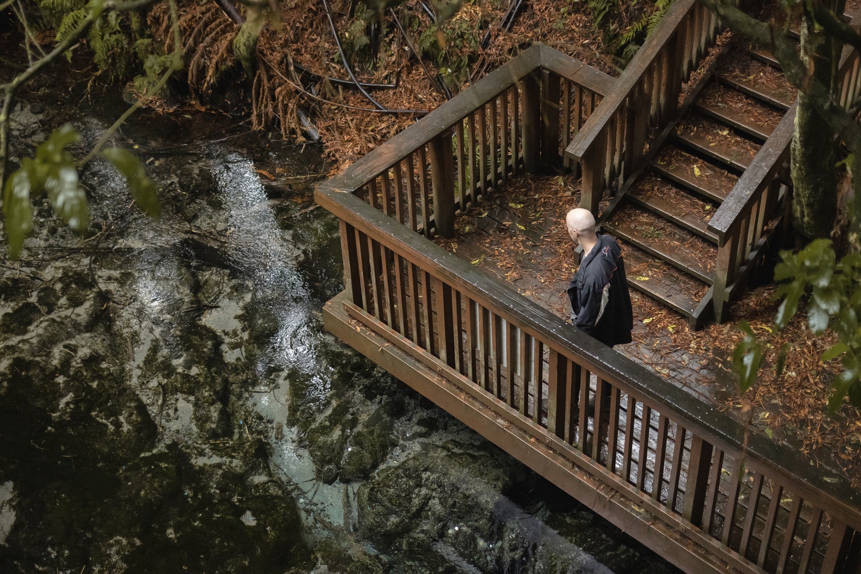 A male standing on a viewing platform overlooking crystal clear water