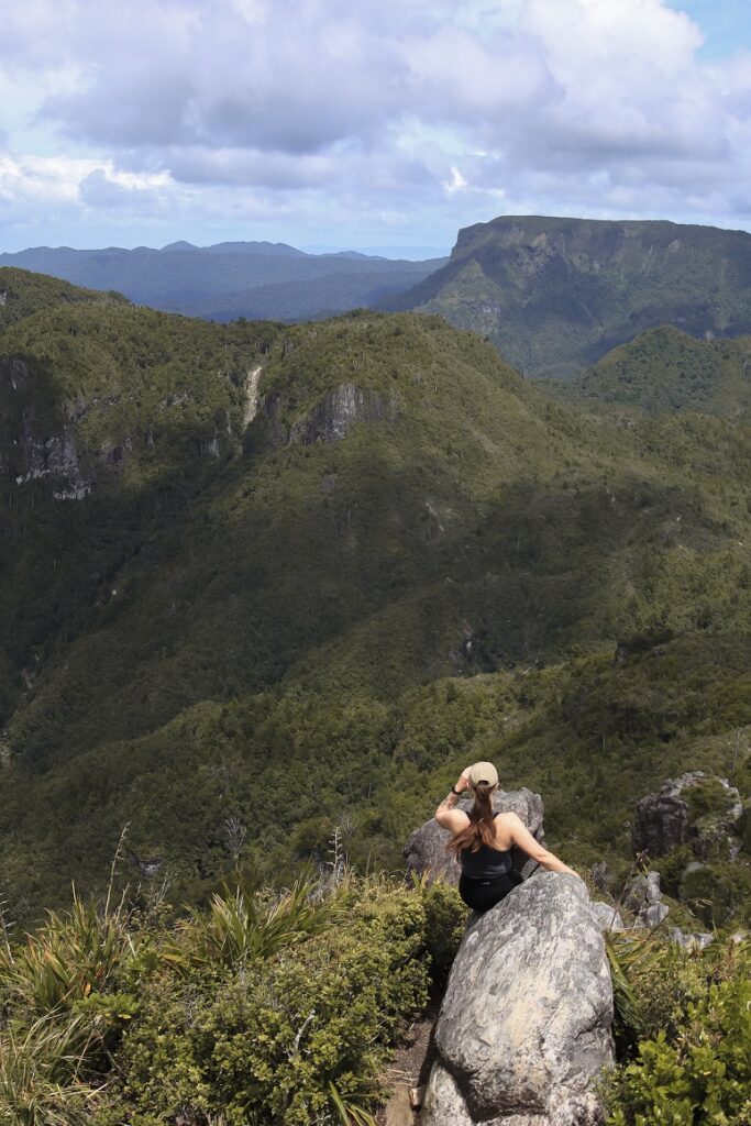Ultimate 10 Day North Island Itinerary A woman is sitting on the edge of a rock at the top of the Pinnacles Hike in Coromandel. She is facing away from the camera and looking towards the rolling hills and native forest. There are no buildings or man made objects in sight.