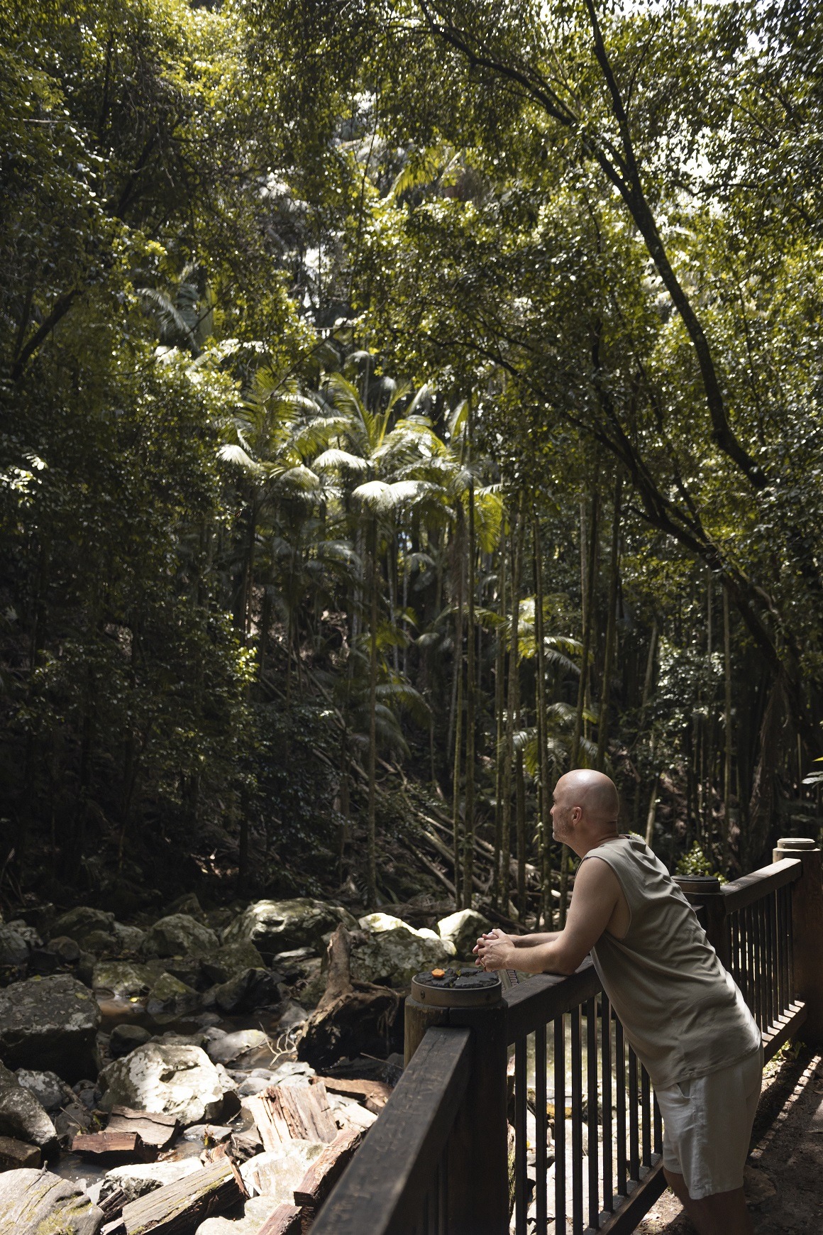 A man is leaning against a railing looking out towards dense bush and a waterfall that is out of shot.
