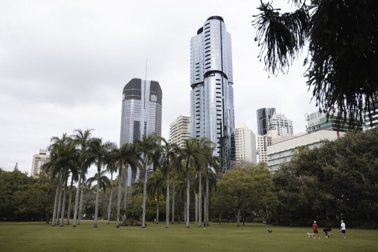 Perfect 3 Day Brisbane Weekend Getaway: This photo shows a large grassy field surrounded by palm trees and sky scraper buildings in Brisbane's CBD.