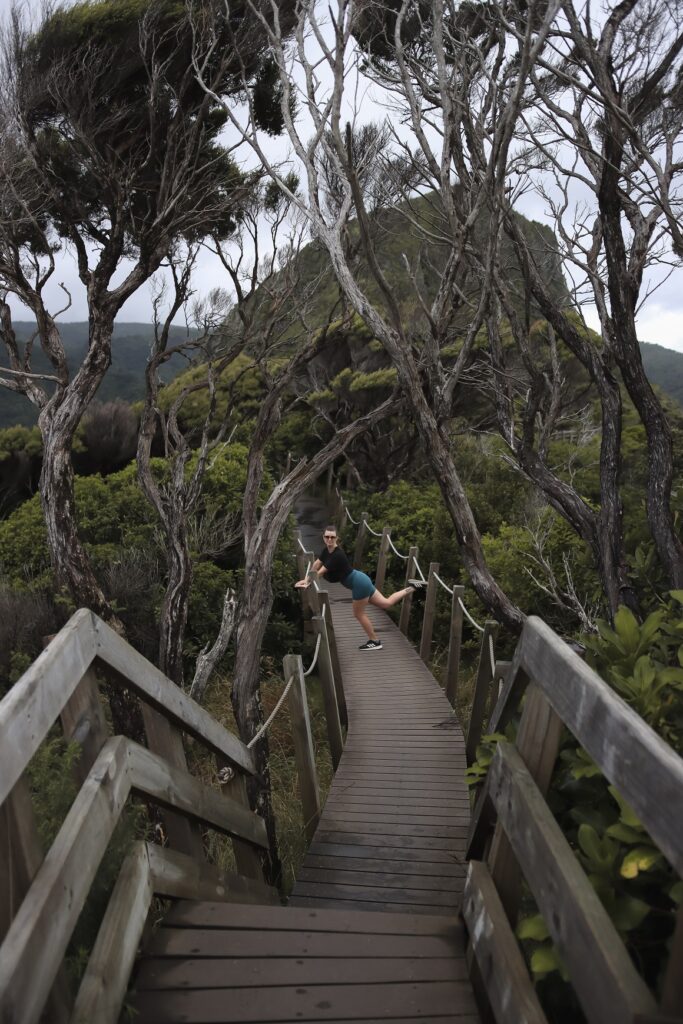 Hiking Omanawanui Track: A Must-Do Auckland Hike A woman posing on a wooden bridge at Omanawanui track.